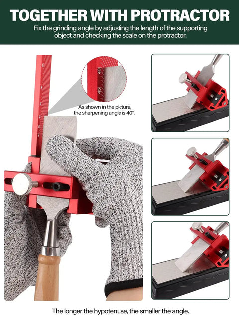 Demonstration of Double-Sided Chisel Sharpening Kit With Diamond Stones, Honing Guide Protractor For Pro Grade Setup in use.