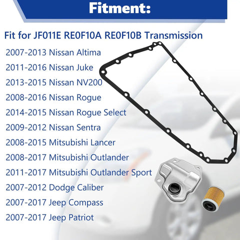 Image of a Beefy CVT Transmission Filter Kit For Nissan Altima Juke Rogue Sentra NV200 Lancer Outlander Jeep Compass Dodge Patriot Caliber Fits JF011E RE0F10A RE0F10B Transmissions 31728-1XF03 31728-1XF0A 31728-1XF02 5191890AA including gasket and filter with fitment list