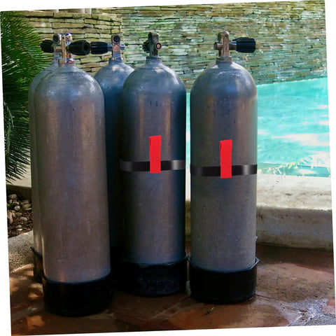 Three diving cylinders with Scuba Tank Strap Holder With Quick Release For Easy Attachment And Transport, Red Dive Gear Accessory