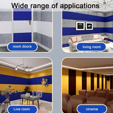 Solid Build High Density Acoustic Foam Panels Wall Sound Proof Pads Fabric Wrapped Studio Kit To Kill Echo And Reverberation No Sweat Setup Yellow Dampening Tiles shown in various room applications.