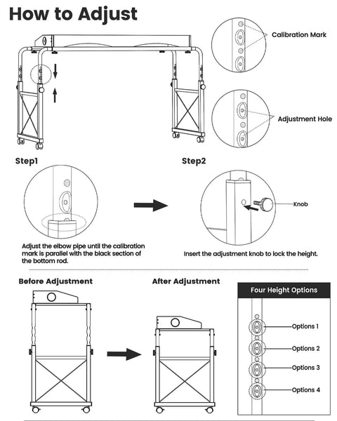 Adjustment instructions for Super Handy Adjustable Laptop Desk For Bed With Wheels Overbed Table, showing calibration marks and knob placement.