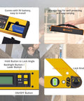 Top Shelf Heavy Duty Aluminum Digital Angle Finder With Integrated Laser Projection And Hella Precise Protractor Gauge showing buttons and features.