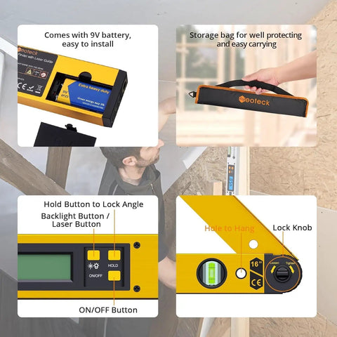 Top Shelf Heavy Duty Aluminum Digital Angle Finder With Integrated Laser Projection And Hella Precise Protractor Gauge showing buttons and features.
