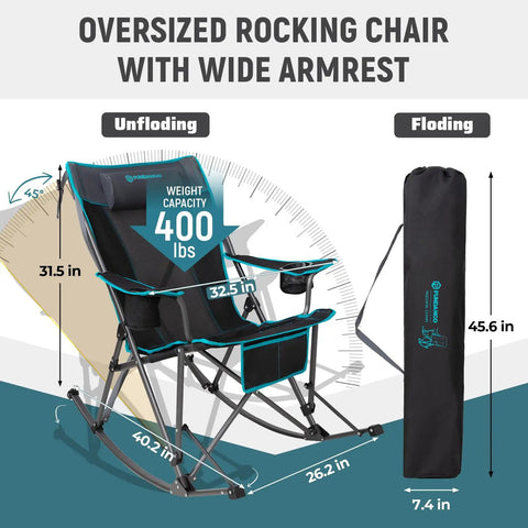Oversized Rocking Camping Chair For Adults With Wide Padded Armrests And Detachable Pillow, folded and unfolded view, black and blue.