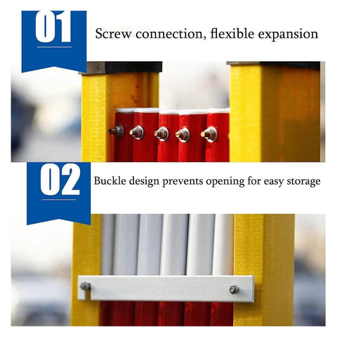 Heavy Duty Expandable Traffic Barricade Gate With Snappy Pull Handles And Neon Reflective Tabs For Roadwork Garages And Driveways Locks Down Securely With Zero Fussing Required showing screw connection and buckle design.