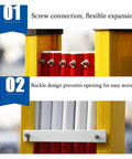 Rock Solid Retractable Scissor Gate With Hella Bright Yellow And Black Reflective Strips detail showing screw connection and buckle storage design