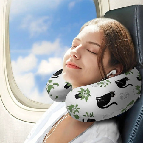U Shaped Neck Pillow For Travel And Office Use Lightweight Reusable Multi Functional Support Super Soft Polyester Fabric With Funny Black Cat Design