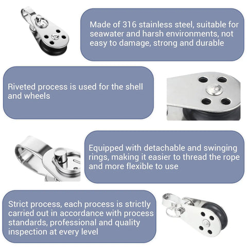 4 Pack Nylon Marine Pulleys With 316 Stainless Steel Bearings shown with features like detachable rings and durability for marine use.