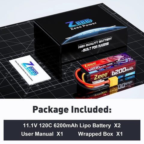 Beefed Up 3S 6200mAh 11.1V 120C LiPo Battery Hard Case With XT90 Connector For One Eighth And One Tenth Scale RC Cars Tanks Trucks Racing Models Two Pack Heavy Duty Power For High Speed Runs shown in box with accessories