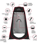 Diagram of Pop Up Shower Tent For Outdoor Privacy, Tool Free Setup In A Snap showing features like pockets, zippers, and stakes.