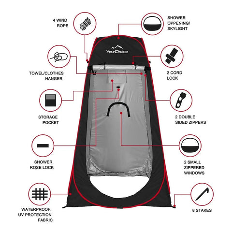 Diagram of Pop Up Shower Tent For Outdoor Privacy, Tool Free Setup In A Snap showing features like pockets, zippers, and stakes.