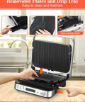 Cattleman 1600W Panini Press Grill And Sandwich Maker With Removable Plates, showing detachable grill plates and drip tray.