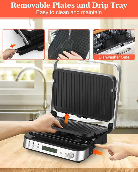 Cattleman 1600W Panini Press Grill And Sandwich Maker With Removable Plates, showing detachable grill plates and drip tray.
