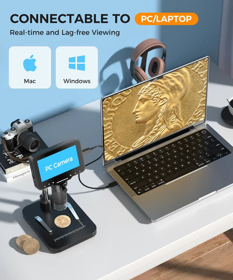 Handheld Digital Microscope for Coins With Light and HD Screen, 4.3 Inch LCD, 1000x Magnification, 1080p Video, Easy Focus Wheel, Perfect for Mint Marks, Coin Nerds, Surface Detail, and Coin Collecting connected to a laptop