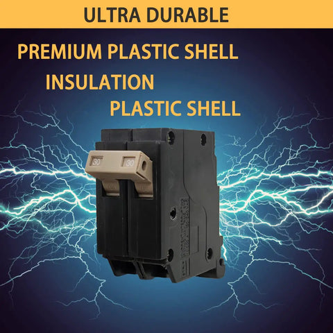 30 Amp Two Pole Molded Case Circuit Breaker Three Quarter Inch Plug In Type with plastic shell on electric background