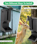 Heavy Duty Metal Deer Feeder With Gravity Dispenser For Protein And Corn Feed mounted on wall and tree with deer nearby.