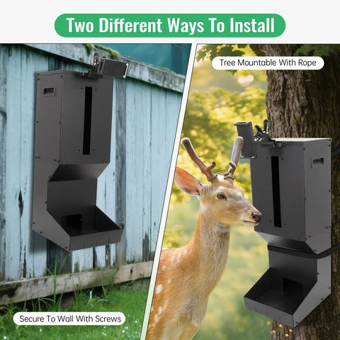 Heavy Duty Metal Deer Feeder With Gravity Dispenser For Protein And Corn Feed mounted on wall and tree with deer nearby.