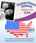 Mommy owned business based in USA with image of woman and baby next to USA map illustration with company logo.