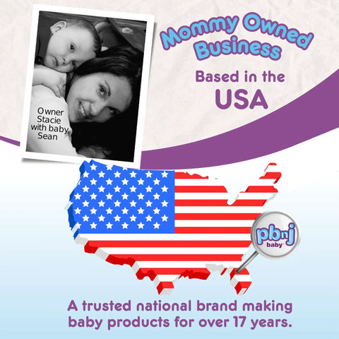 Mommy owned business based in USA with image of woman and baby next to USA map illustration with company logo.