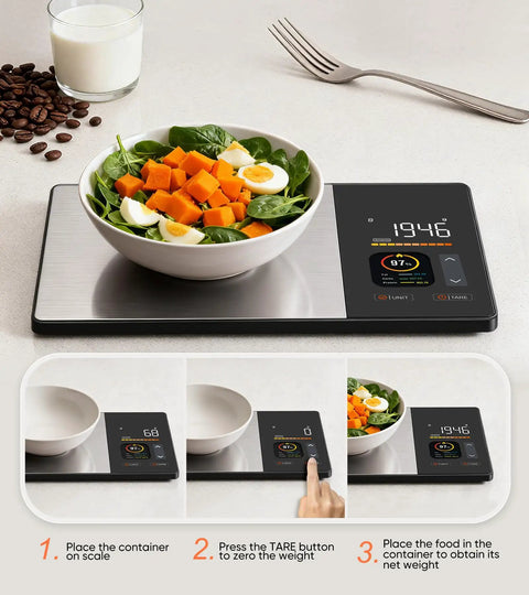 Smart Nutrition Scale For Real Foodies Tracks Calories Fat Carbs And Protein With TFT Display And Easy App Sync in use with bowl.