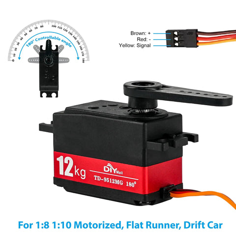 Beefed Up 12Kg Low Profile Digital Servo With Waterproof Full Metal Gear, Ultra High Speed 0.09 To 0.12 Sec Per 60 Degrees, 4.8 To 7.2V, 180 Degree Sweep, TD-9512MG, For 1 By 8 And 1 By 10 RC Cars, Helis, Boats, And Robotic Tails with wiring connections.