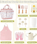 Kid Friendly Hands On Garden Tool Set For Toddlers With Pink Tote Bag Apron Gloves Shovel Rake Cultivator Watering Can And Flower Pots A Fun STEM Outdoor Learning Gift For Ages 3 To 6 displayed in organized sections with labeled tools.