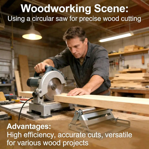 Man using a circular saw for wood cutting on a workbench, with woodworking tools and materials in a workshop setting.
