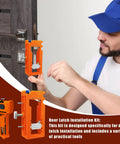Man using Hinge Jig For Doors With Precise Alignment And Adjustable Measurements on wooden door, showing tool mechanism.