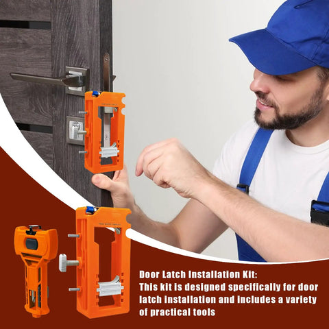 Man using Hinge Jig For Doors With Precise Alignment And Adjustable Measurements on wooden door, showing tool mechanism.