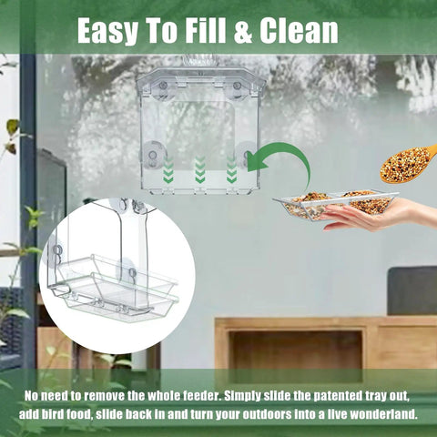 Clear Window Bird Feeder With Ultra Strong Suction Cups Dual Seed Tray And Water Bowl Easy To Install And Clean in use