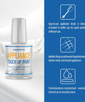 White Appliance Touch Up Paint Pen With High Gloss Finish For Refrigerator, Washer, Dryer, Dishwasher And Microwave Quick Dry Chip Resistant Water And Heat Safe Scratch Repair displayed with features.