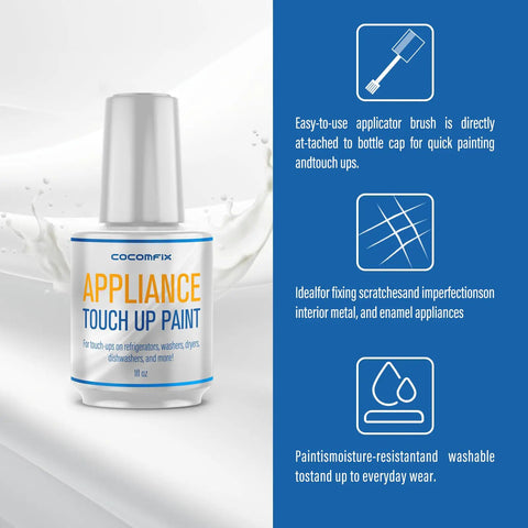 White Appliance Touch Up Paint Pen With High Gloss Finish For Refrigerator, Washer, Dryer, Dishwasher And Microwave Quick Dry Chip Resistant Water And Heat Safe Scratch Repair displayed with features.