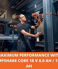 Built Tough Cordless Universal Base Drill With A Lightning Fast Brushless Motor And An Extended Stroke Range Designed To Handle Heavier Loads Without Breaking A Sweat Paired With Two 8 Ah Batteries being used by a technician.