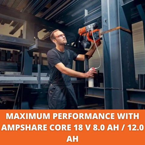 Built Tough Cordless Universal Base Drill With A Lightning Fast Brushless Motor And An Extended Stroke Range Designed To Handle Heavier Loads Without Breaking A Sweat Paired With Two 8 Ah Batteries being used by a technician.