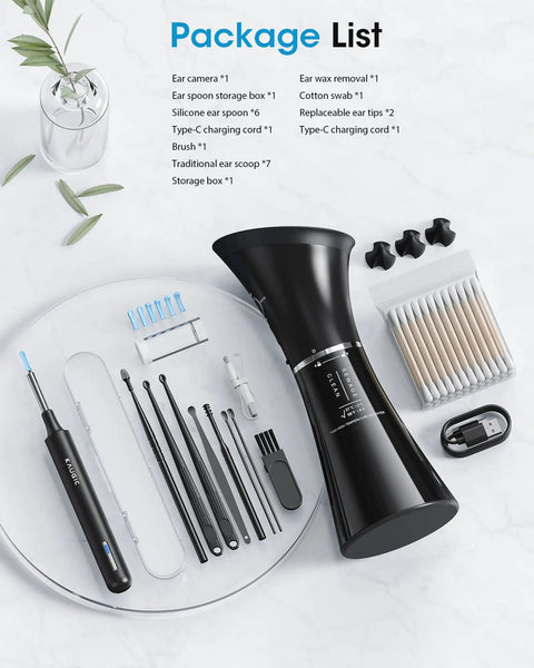 Easy At Home Ear Wax Removal Kit With Camera For Safe Gentle Ear Cleaning Visual Inspection Ear Camera And Gentle Irrigation System Complete Ear Care Solution contents displayed