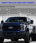 Blue Ford F-Series Super Duty pickup with a gray OEM part-number chart overlay at the top