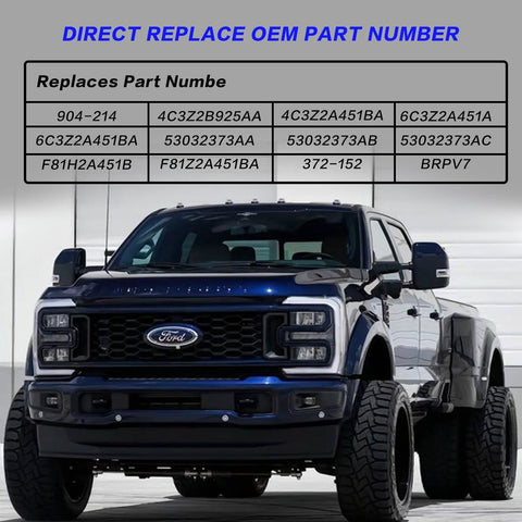 Blue Ford F-Series Super Duty pickup with a gray OEM part-number chart overlay at the top