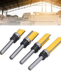 Adjustable Hinge Router Bit Set 4 Piece 1/4 Inch Shank Tungsten Carbide Blade Tenon Cutter showcasing four bits with yellow and black design.