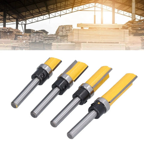 Adjustable Hinge Router Bit Set 4 Piece 1/4 Inch Shank Tungsten Carbide Blade Tenon Cutter showcasing four bits with yellow and black design.