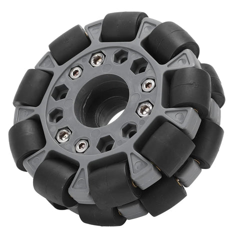 Front view of a 100mm nylon omni wheel with rubber rollers on a grey hub for robotics