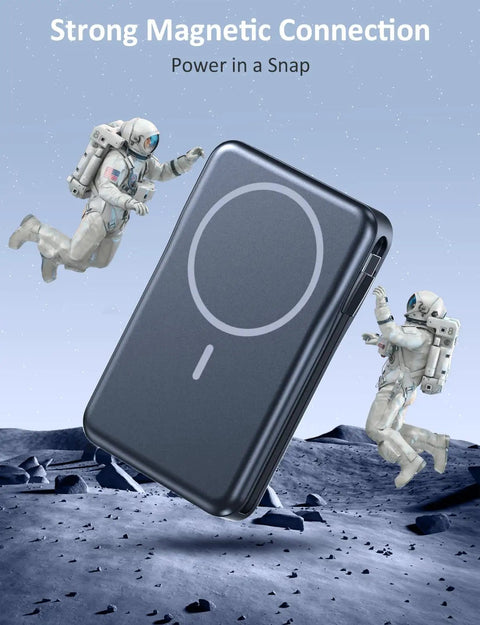 Magnetic Portable Charger 10000mAh Power Bank With 20W Fast Charge And Built In Cable in space with astronauts.