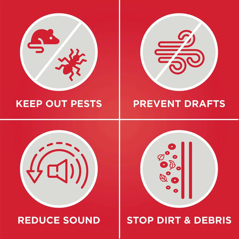 Icons showing pest, draft, sound, and debris prevention for Vinyl Cinch U Shape Door Bottom Seal Slide On Weather Stripping Draft Stopper Easy Install Fits 36 Inch By One And Three Quarter Inch Doors Fills Gaps From Three Eighth To Three Quarter Inch Brown.