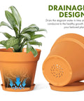 4 Inch Plastic Plant Pots With Drainage Holes And Trays, 8 Pack For Indoor And Outdoor Plants And Flowers, Terracotta Look