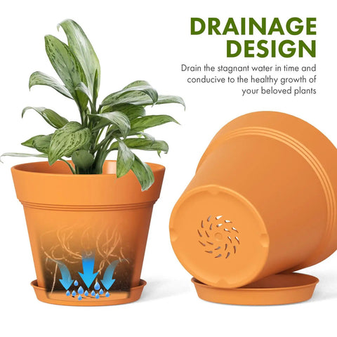 4 Inch Plastic Plant Pots With Drainage Holes And Trays, 8 Pack For Indoor And Outdoor Plants And Flowers, Terracotta Look