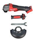 18V Cordless Angle Grinder With 4.5 Inch And 5 Inch Grinding Wheels Variable Speed Five Settings Fast Brake Stops In Two Seconds Tool Only For DIY Pros And Heavy Duty Projects, shown with handle, wrench, and guard