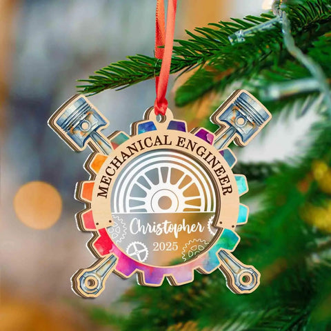 Personalized Mechanical Engineer Ornament With Name And Year, Wooden And Acrylic Two Layer Christmas Keepsake For Engineers hanging on tree