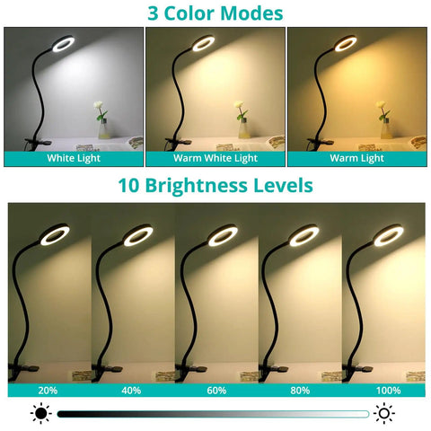 5X Magnifying Desk Clip Lamp With 10 Dimmable Brightness Levels And 3 Color Modes For Reading, Crafting, And Close Work Comes With 5V 2A Adapter Flexible Neck Clamp Mount Black Finish in various color modes and brightness levels