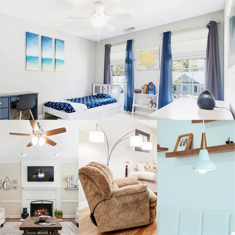 Collage of living spaces with ceiling fans and lighting featuring 8 Pack E12 Ceiling Fan Light Bulbs Dope Bright 60W Equivalent Daylight White 5000K A15 LED Bulbs Non Dimmable 120V Small Base Candelabra Bulbs For Ceiling Fans Chandeliers.