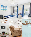 Collage of rooms with lighting fixtures, featuring 12 Pack E12 Ceiling Fan Light Bulbs, 60W Equivalent, Daylight White 5000K, Small Base LED Candelabra Bulbs, A15 Size, 120V, Non Dimmable, Energy Saving LED Bulbs For Ceiling Fans, Chandeliers, Pendants and More.