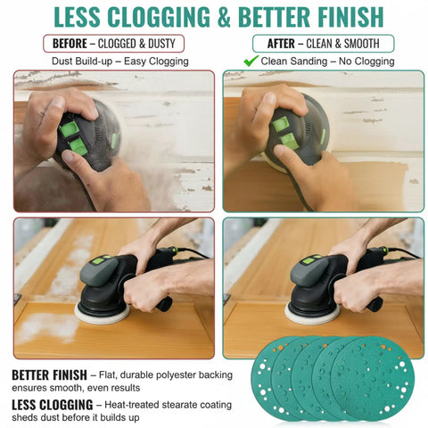 Comparison of sanding with 60 Pack 6 Inch Sanding Discs With 49 Hole Pattern showing less clogging and better finish